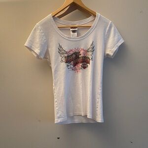 Harley-Davidson White Tee with Pink and Gray Graphic Size L